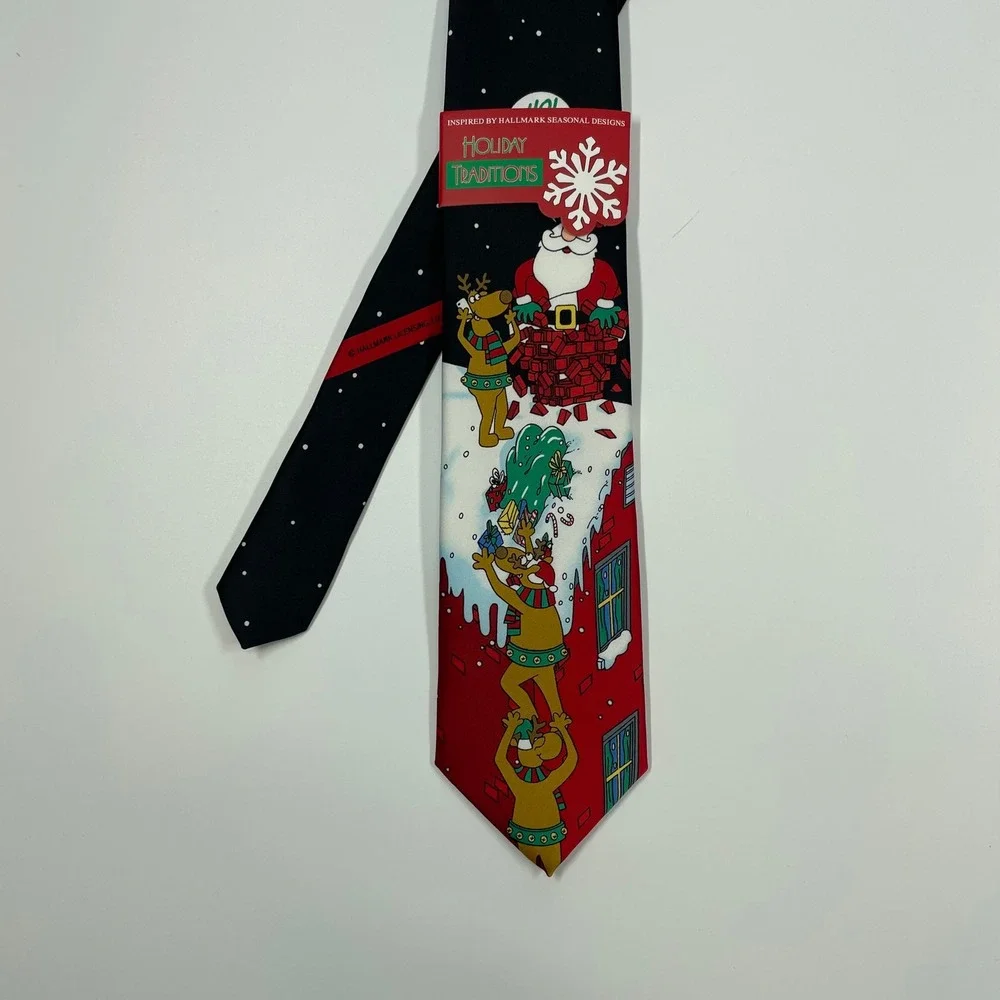 Hallmark Black Santa Reindeer Chimney Holiday Traditions Necktie Mens OS